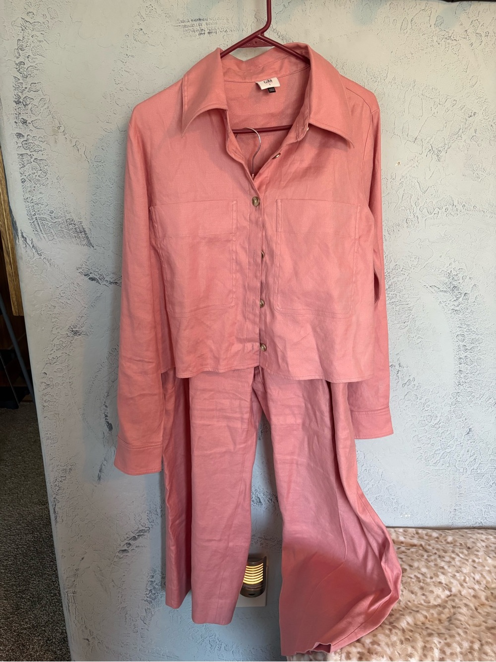 CAbi Blush Pink Linen Button-Front Top with Wide-Leg Pants